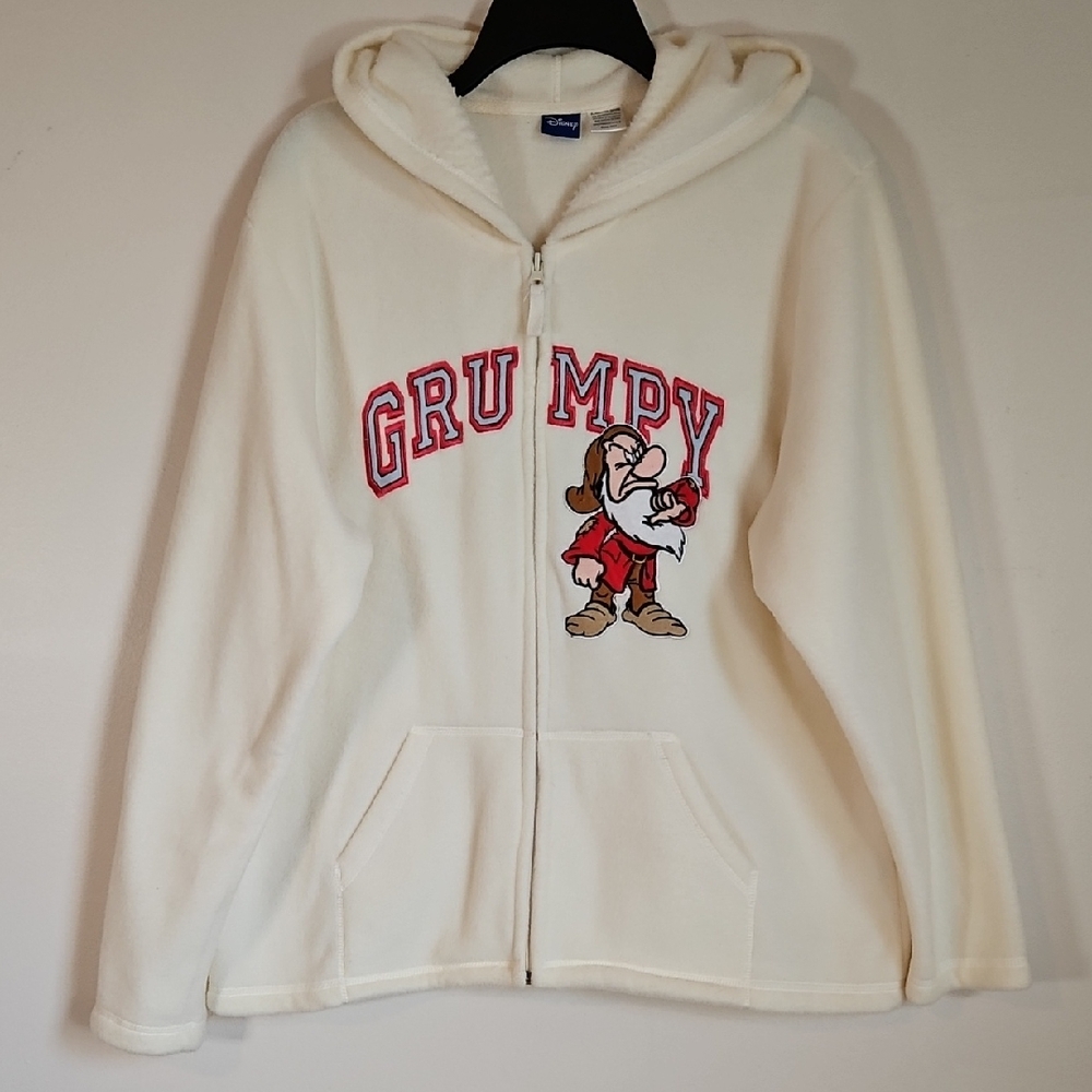 Disney Womens XL Grumpy Full Zip Fleece Hoodie Cream Kangaroo Pocket Embroidered